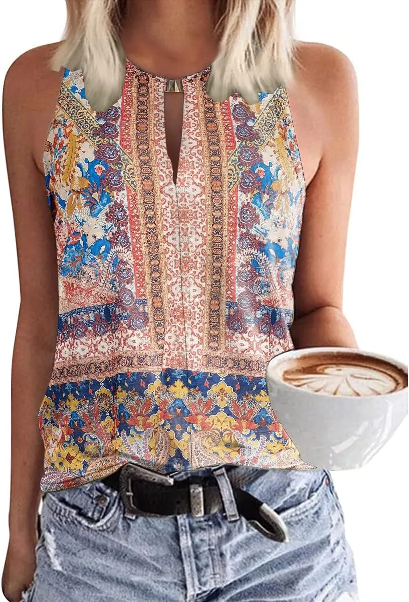 Soesdemo Tank Top for Women Keyhole V Neck Sleeveless Summer Casual Loose Fit Business Cute Floral Basic Shirt Blouse