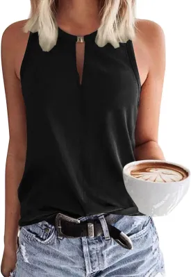 Soesdemo Tank Top for Women Keyhole V Neck Sleeveless Summer Casual Loose Fit Business Cute Floral Basic Shirt Blouse