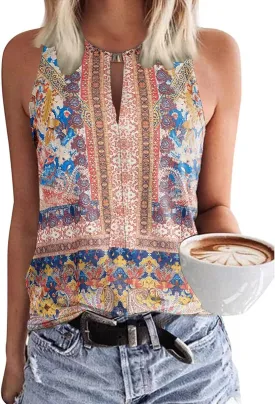 Soesdemo Tank Top for Women Keyhole V Neck Sleeveless Summer Casual Loose Fit Business Cute Floral Basic Shirt Blouse