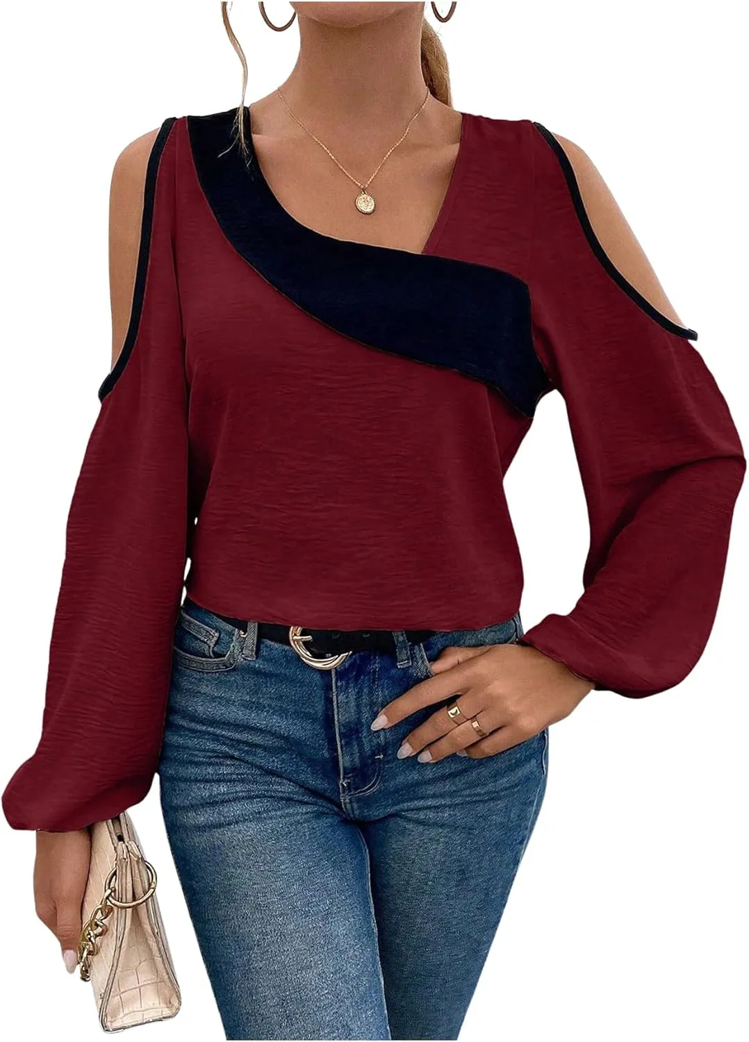 SOLY HUX Women's Cold Shoulder Colorblock Tops Long Sleeve Off Shoulder Casual Shirts Asymmetrical Blouse