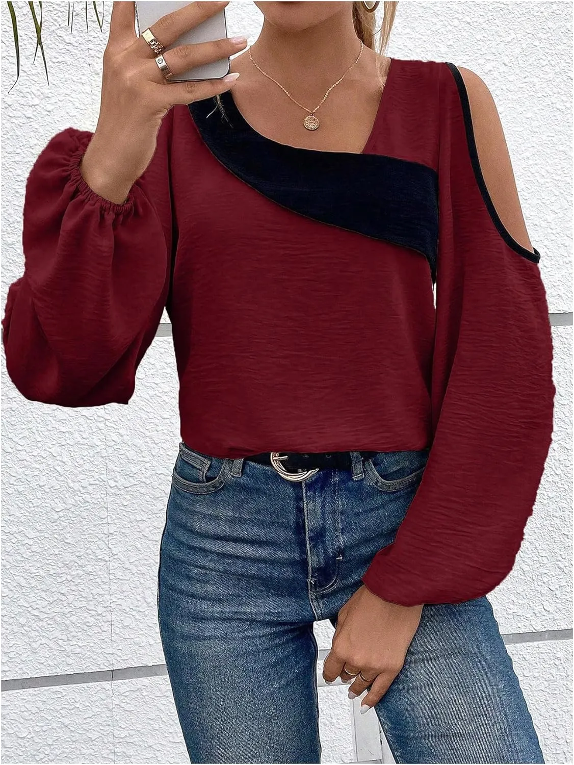 SOLY HUX Women's Cold Shoulder Colorblock Tops Long Sleeve Off Shoulder Casual Shirts Asymmetrical Blouse