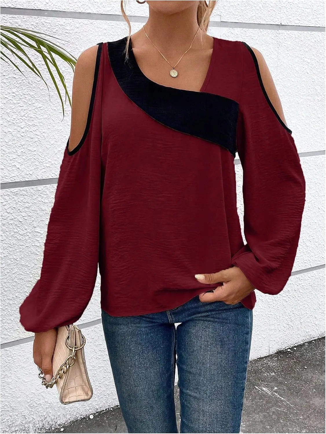 SOLY HUX Women's Cold Shoulder Colorblock Tops Long Sleeve Off Shoulder Casual Shirts Asymmetrical Blouse