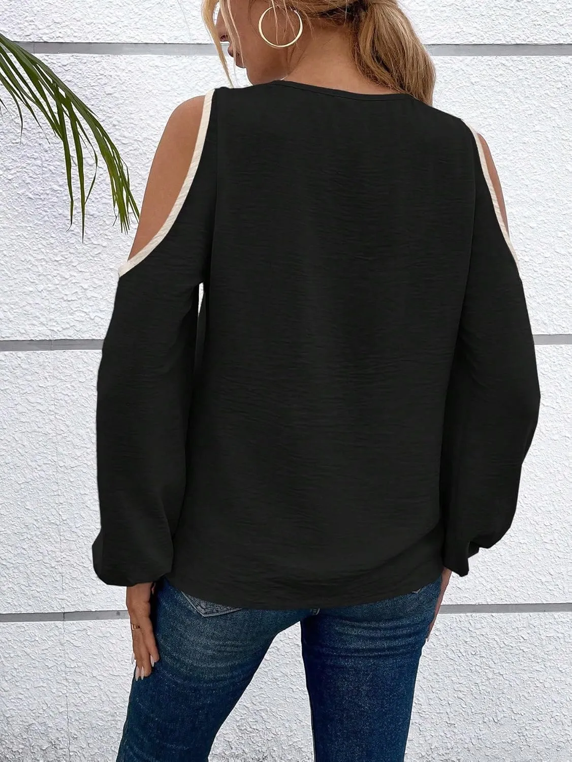 SOLY HUX Women's Cold Shoulder Colorblock Tops Long Sleeve Off Shoulder Casual Shirts Asymmetrical Blouse