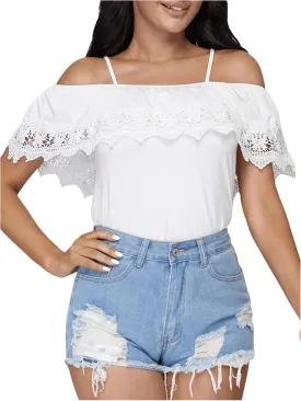 SweatyRocks Women's Spaghetti Strap Cold Shoulder Tops Short Sleeve Lace Trim Shirt Blouse