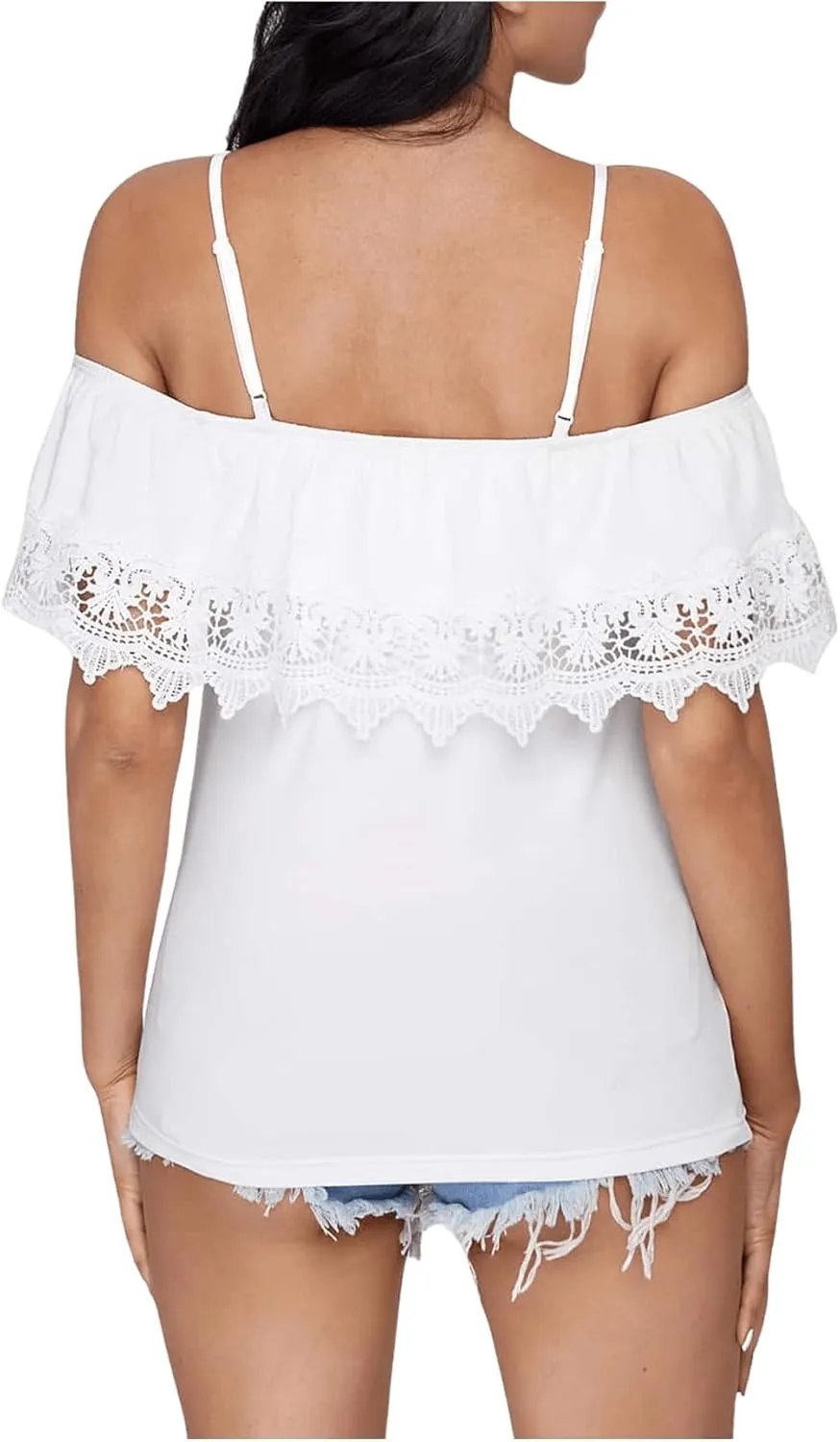SweatyRocks Women's Spaghetti Strap Cold Shoulder Tops Short Sleeve Lace Trim Shirt Blouse