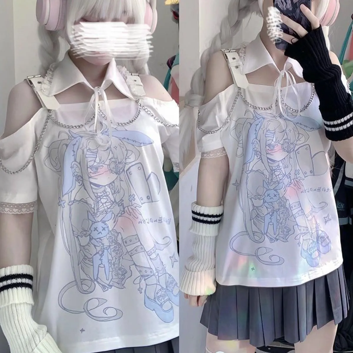 Teen Girl Cute Kawaii T Shirts Off Shoulder Y2k Anime Oversized Japanese Top jpop Kpop Cutecore Harajuku Clothes