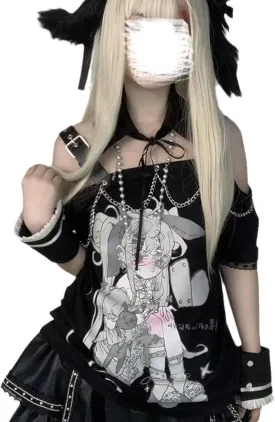 Teen Girl Cute Kawaii T Shirts Off Shoulder Y2k Anime Oversized Japanese Top jpop Kpop Cutecore Harajuku Clothes
