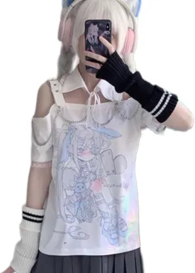 Teen Girl Cute Kawaii T Shirts Off Shoulder Y2k Anime Oversized Japanese Top jpop Kpop Cutecore Harajuku Clothes