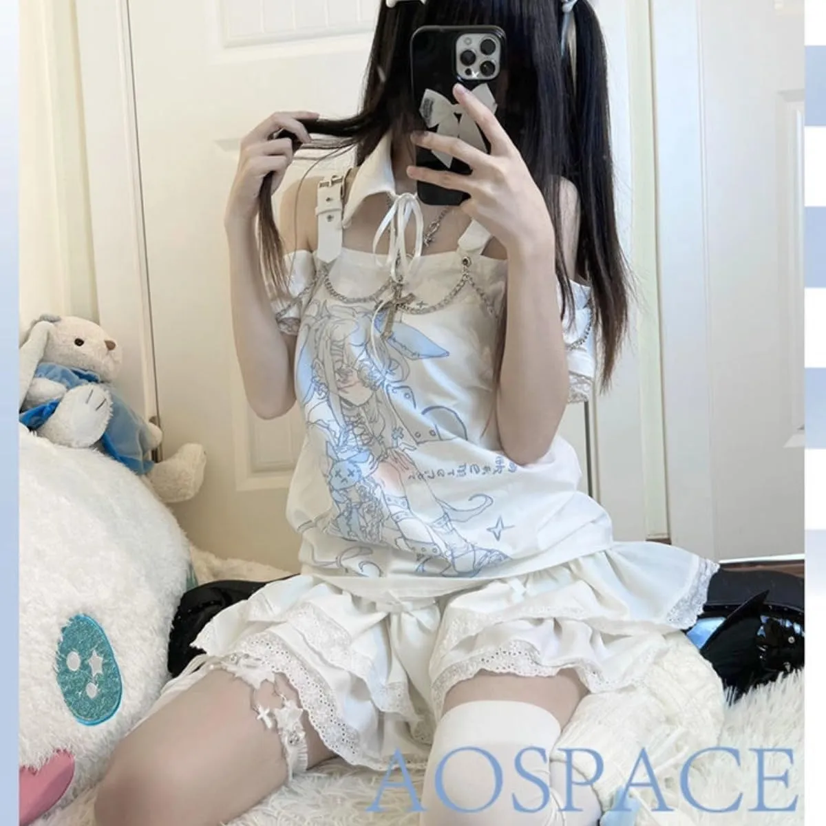 Teen Girl Cute Kawaii T Shirts Off Shoulder Y2k Anime Oversized Japanese Top jpop Kpop Cutecore Harajuku Clothes
