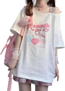 Teen Girl Cute Kawaii T Shirts Off Shoulder Y2k Anime Oversized Japanese Top jpop Kpop Cutecore Harajuku Clothes