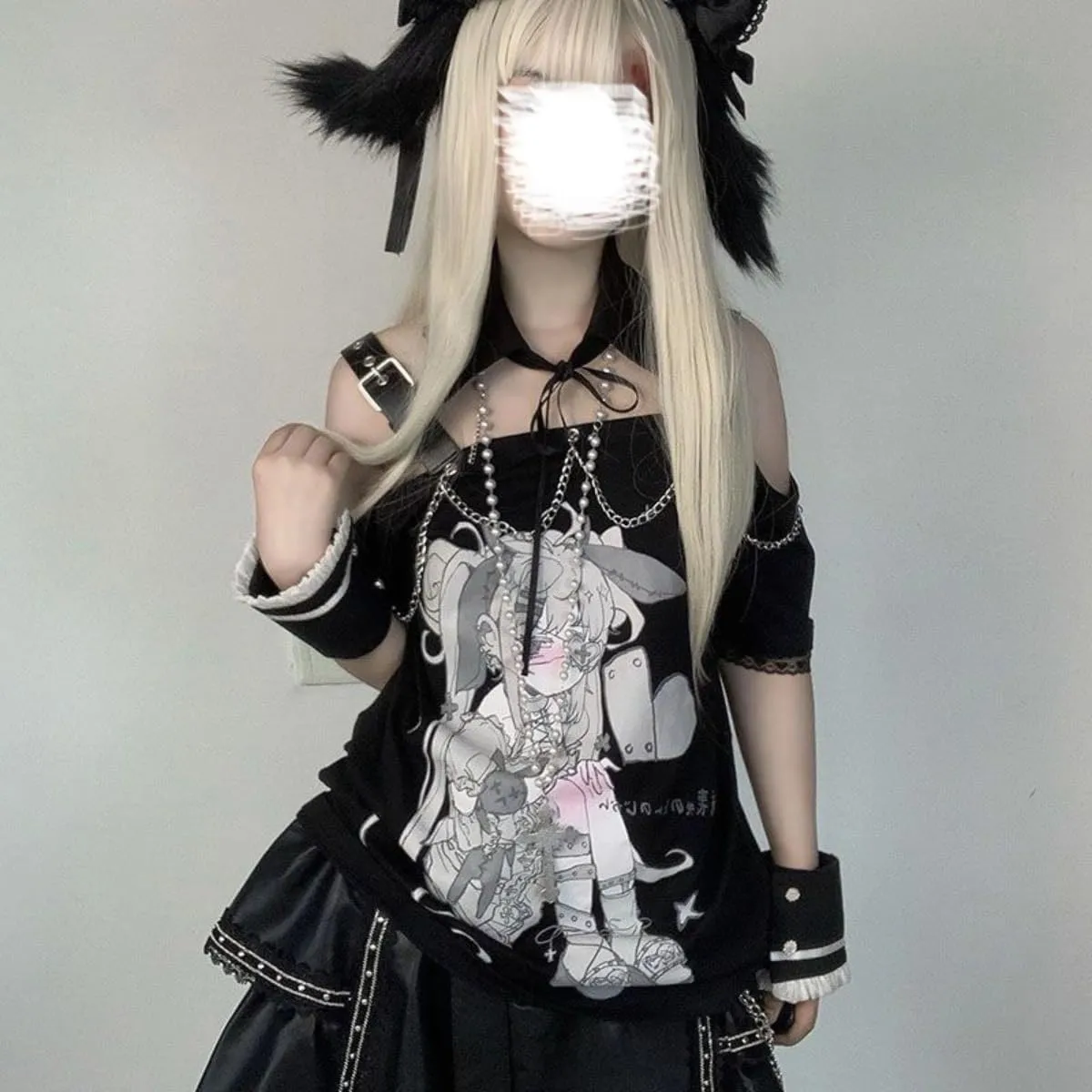 Teen Girl Cute Kawaii T Shirts Off Shoulder Y2k Anime Oversized Japanese Top jpop Kpop Cutecore Harajuku Clothes
