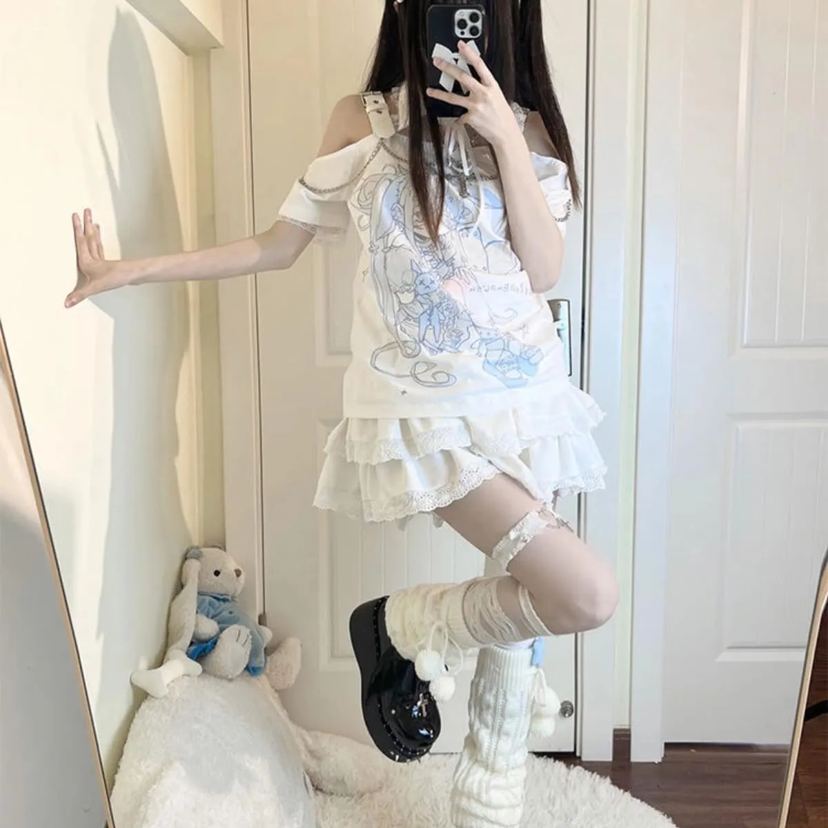 Teen Girl Cute Kawaii T Shirts Off Shoulder Y2k Anime Oversized Japanese Top jpop Kpop Cutecore Harajuku Clothes