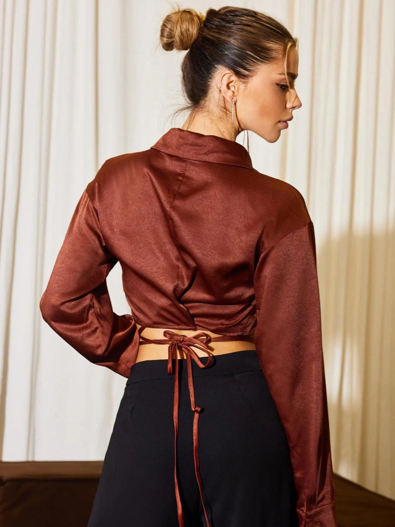 Tie Back Bishop Sleeve Crop Top