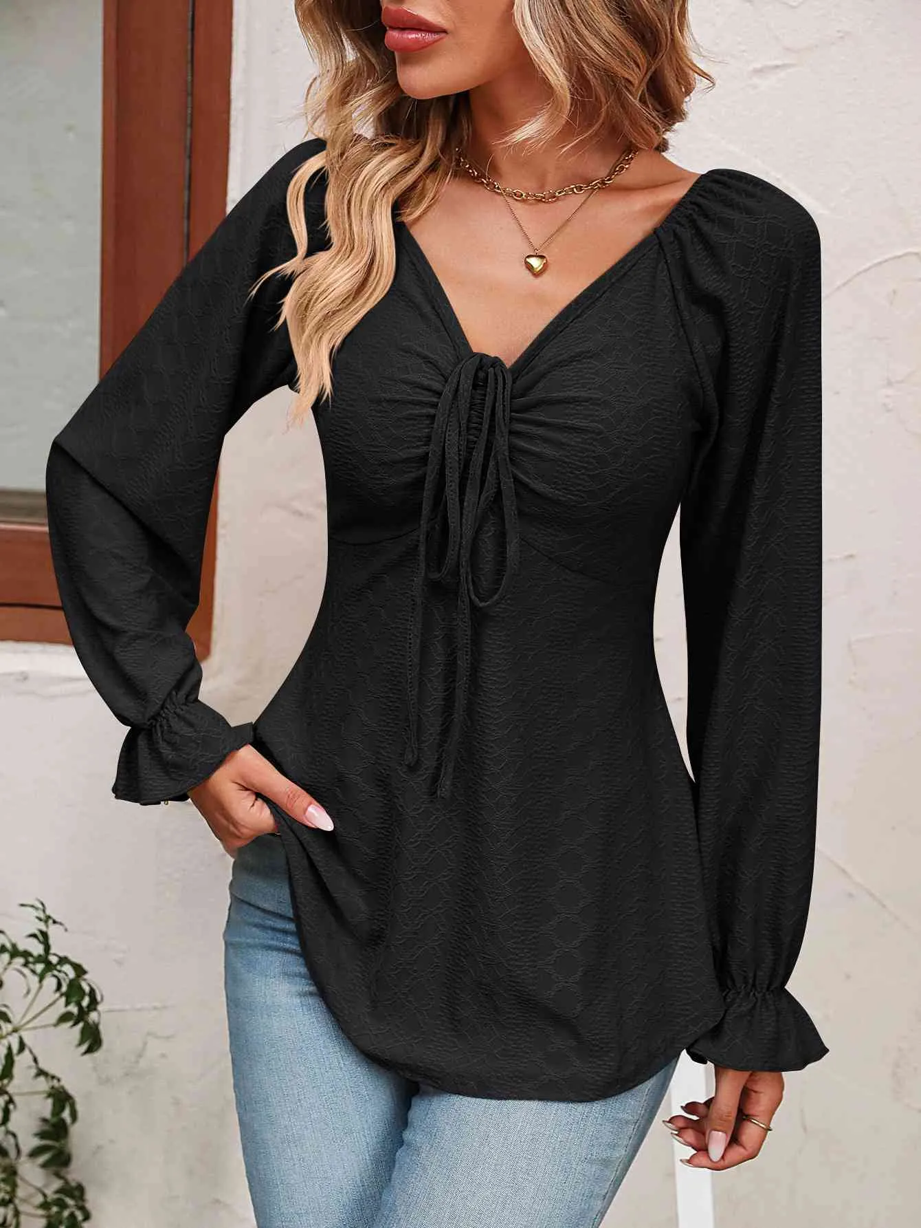 Tie Front Puff Sleeve Blouse