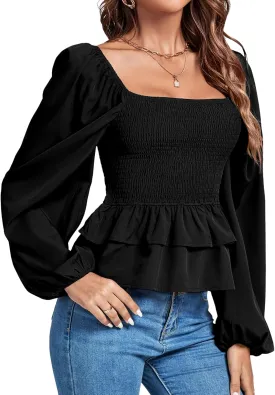 Umenlele Womens Square Neck Lantern Long Sleeve Shirred Ruffle Hem Smocked Peplum Babydoll Blouse Shirt Top