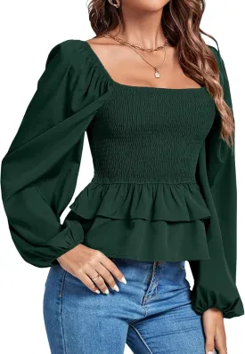Umenlele Womens Square Neck Lantern Long Sleeve Shirred Ruffle Hem Smocked Peplum Babydoll Blouse Shirt Top