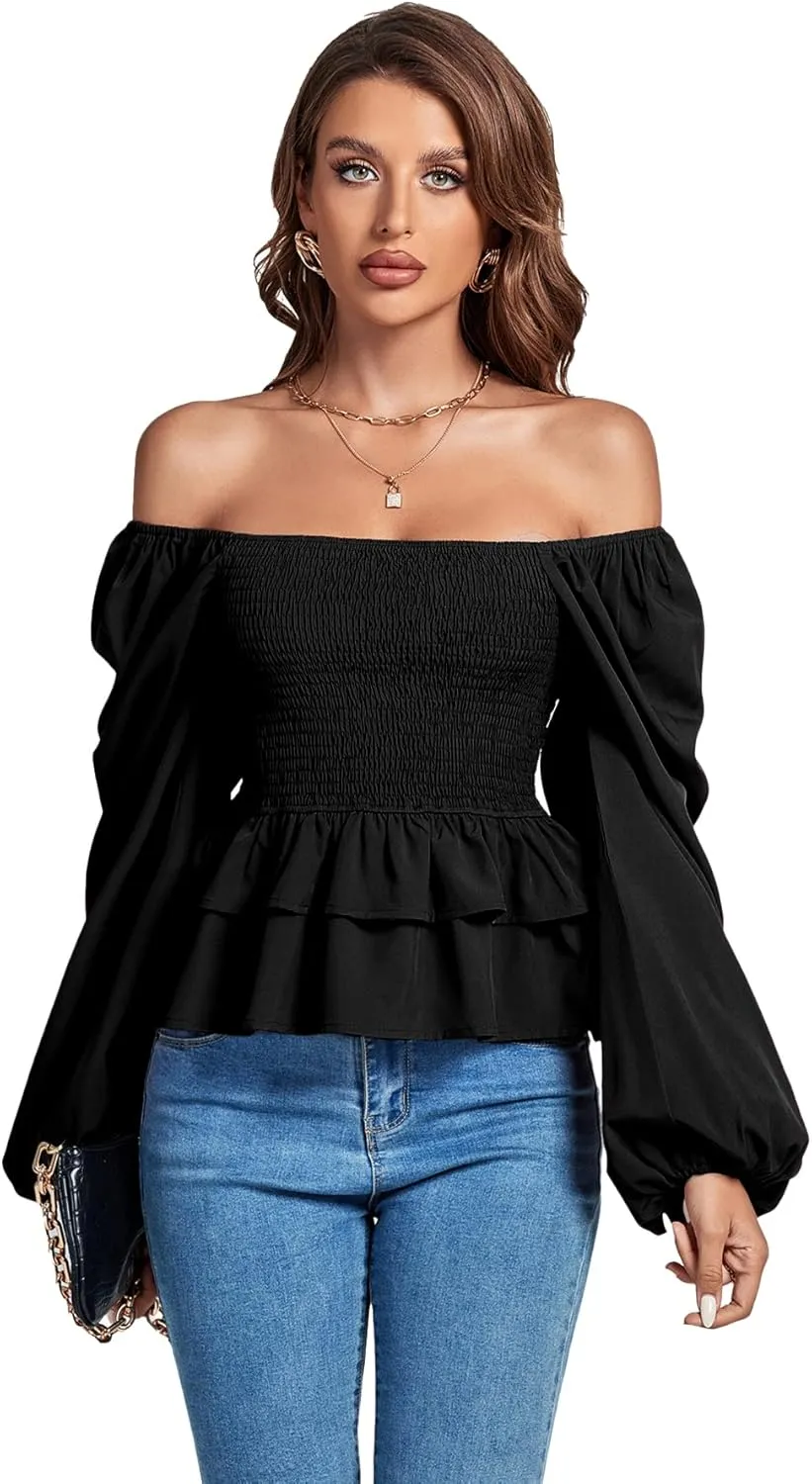 Umenlele Womens Square Neck Lantern Long Sleeve Shirred Ruffle Hem Smocked Peplum Babydoll Blouse Shirt Top