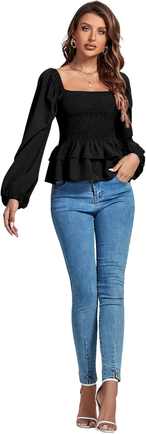 Umenlele Womens Square Neck Lantern Long Sleeve Shirred Ruffle Hem Smocked Peplum Babydoll Blouse Shirt Top