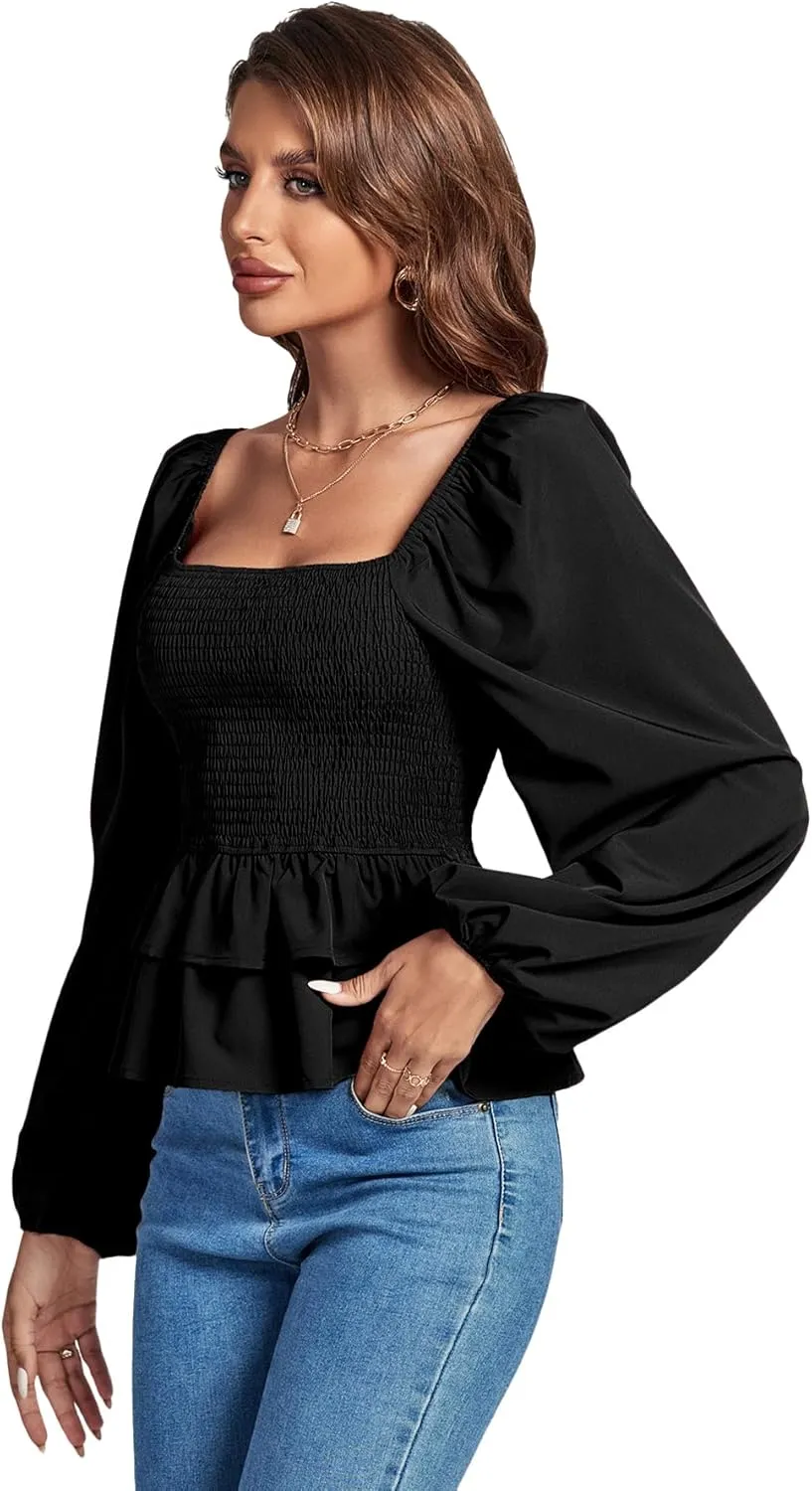 Umenlele Womens Square Neck Lantern Long Sleeve Shirred Ruffle Hem Smocked Peplum Babydoll Blouse Shirt Top