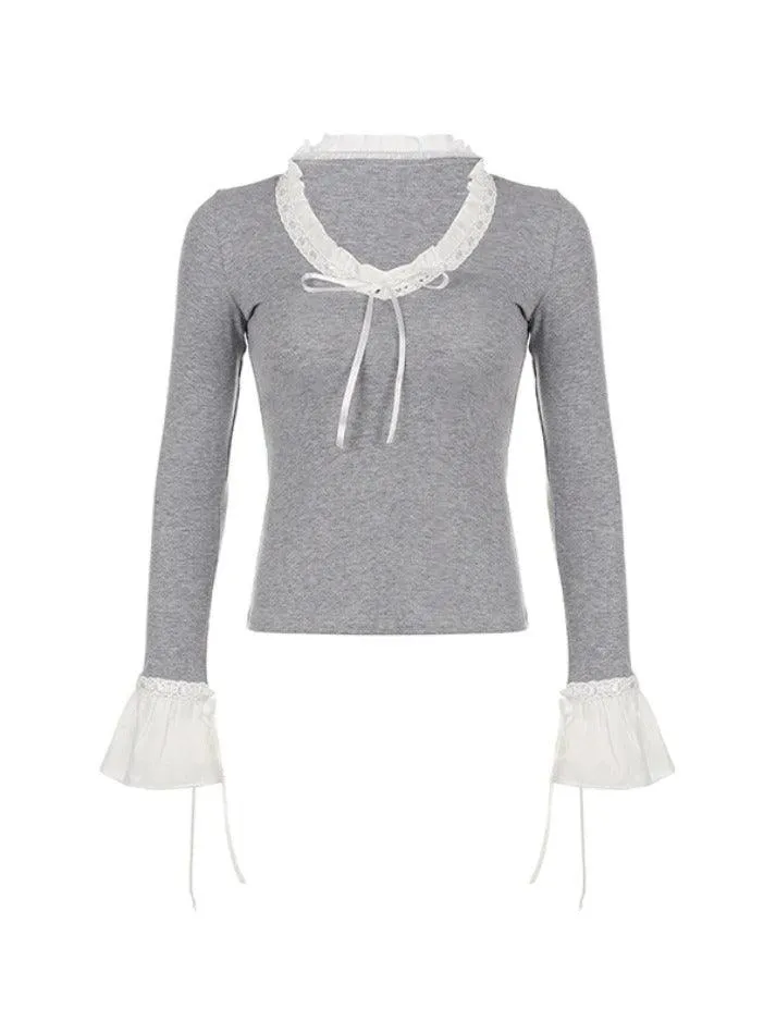 V Neck Lace Splice Bow Flare Long Sleeve Knit