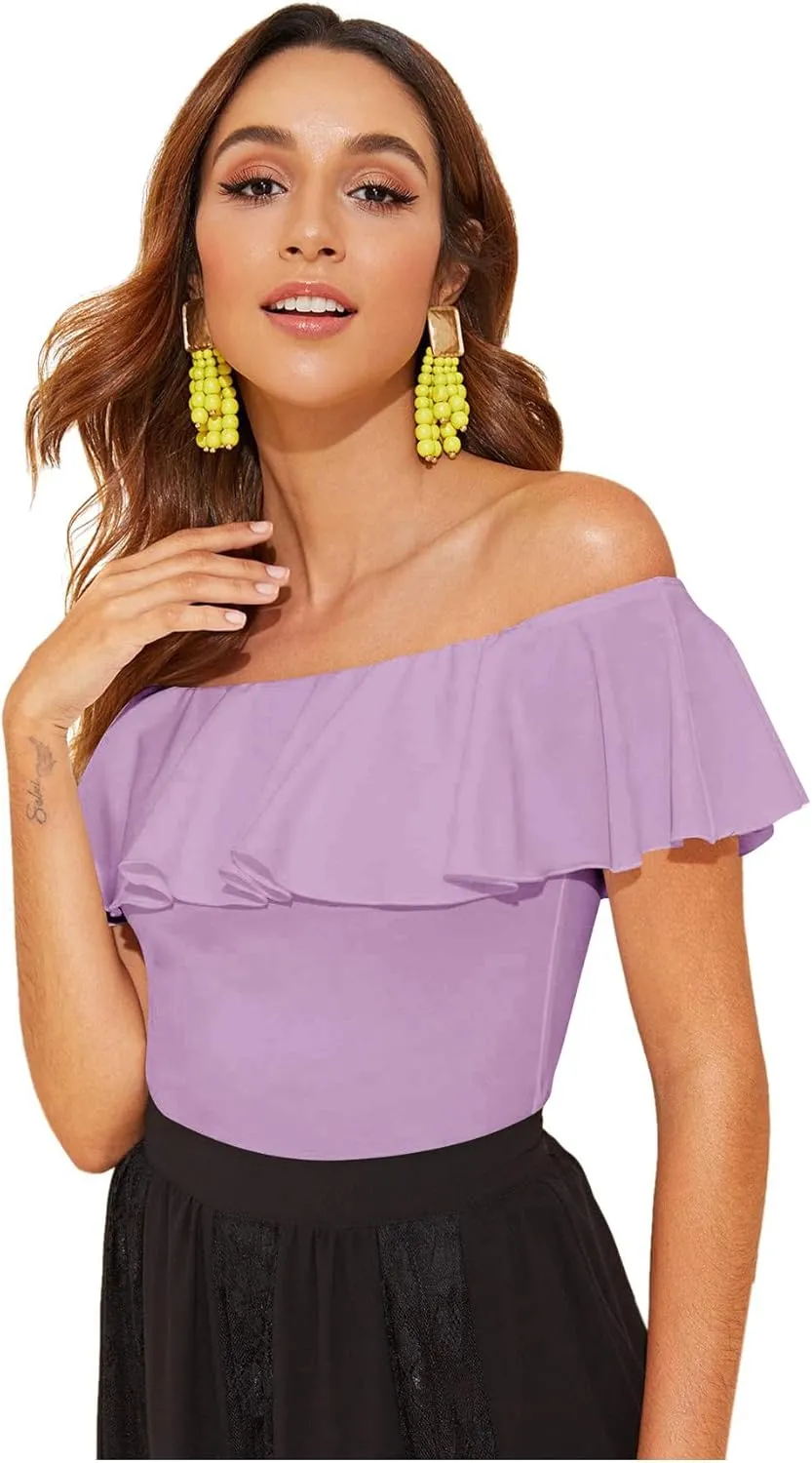 WDIRARA Women's Stretchy Off Shoulder Flounce Sleeve Sexy Slim Blouse Tops Shirt