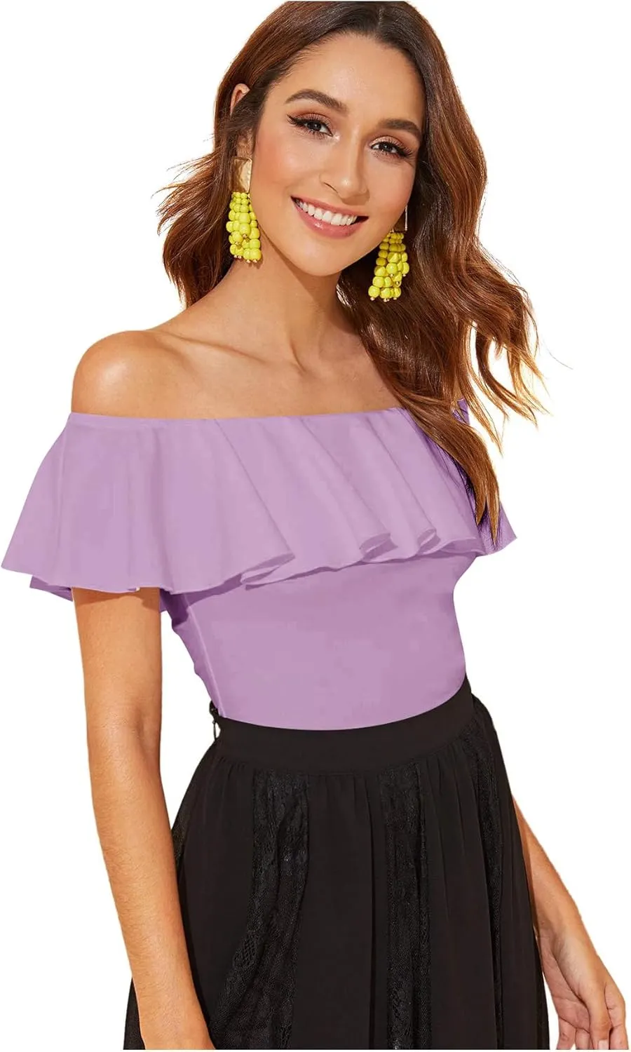 WDIRARA Women's Stretchy Off Shoulder Flounce Sleeve Sexy Slim Blouse Tops Shirt