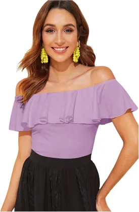 WDIRARA Women's Stretchy Off Shoulder Flounce Sleeve Sexy Slim Blouse Tops Shirt