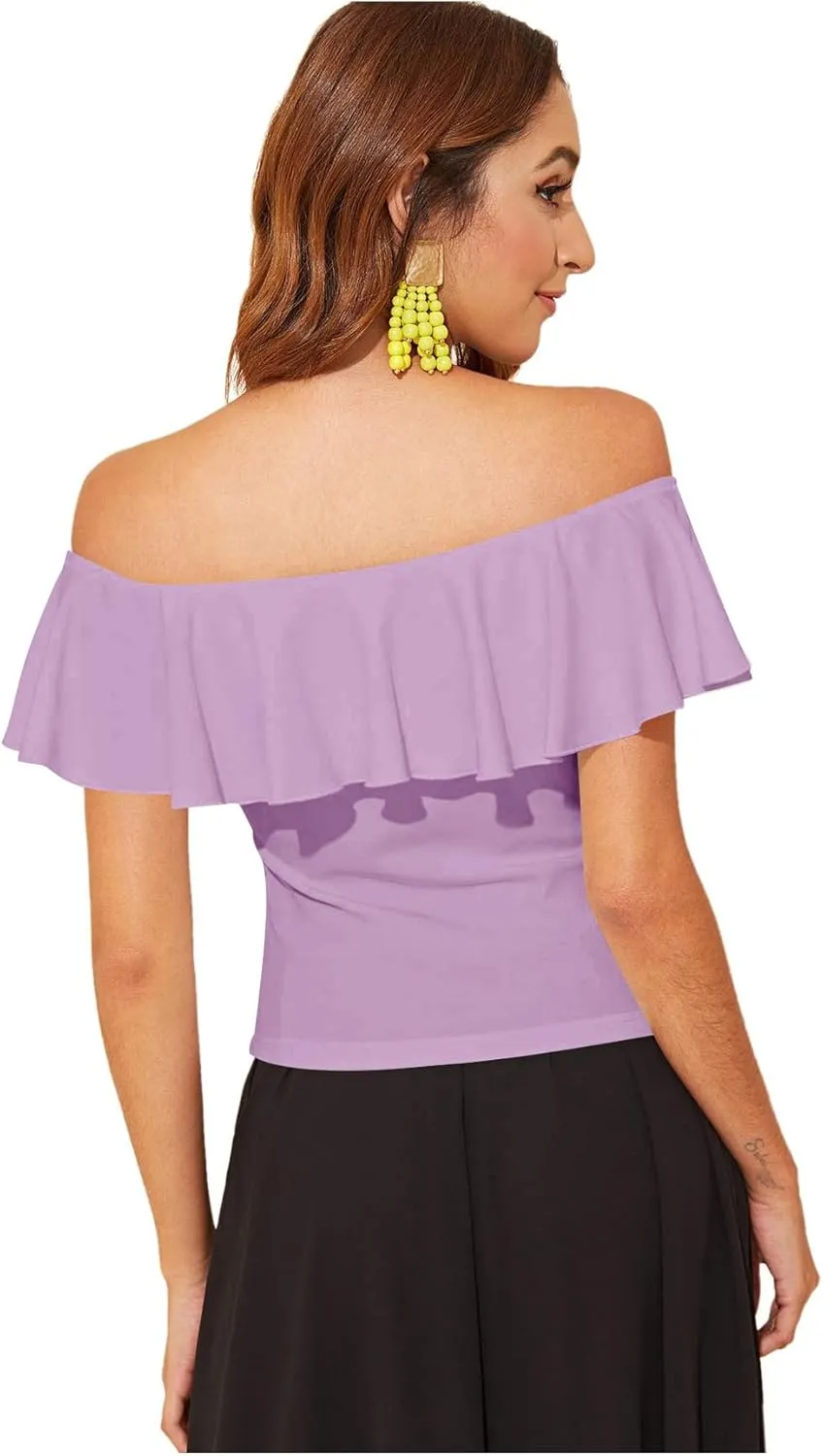 WDIRARA Women's Stretchy Off Shoulder Flounce Sleeve Sexy Slim Blouse Tops Shirt