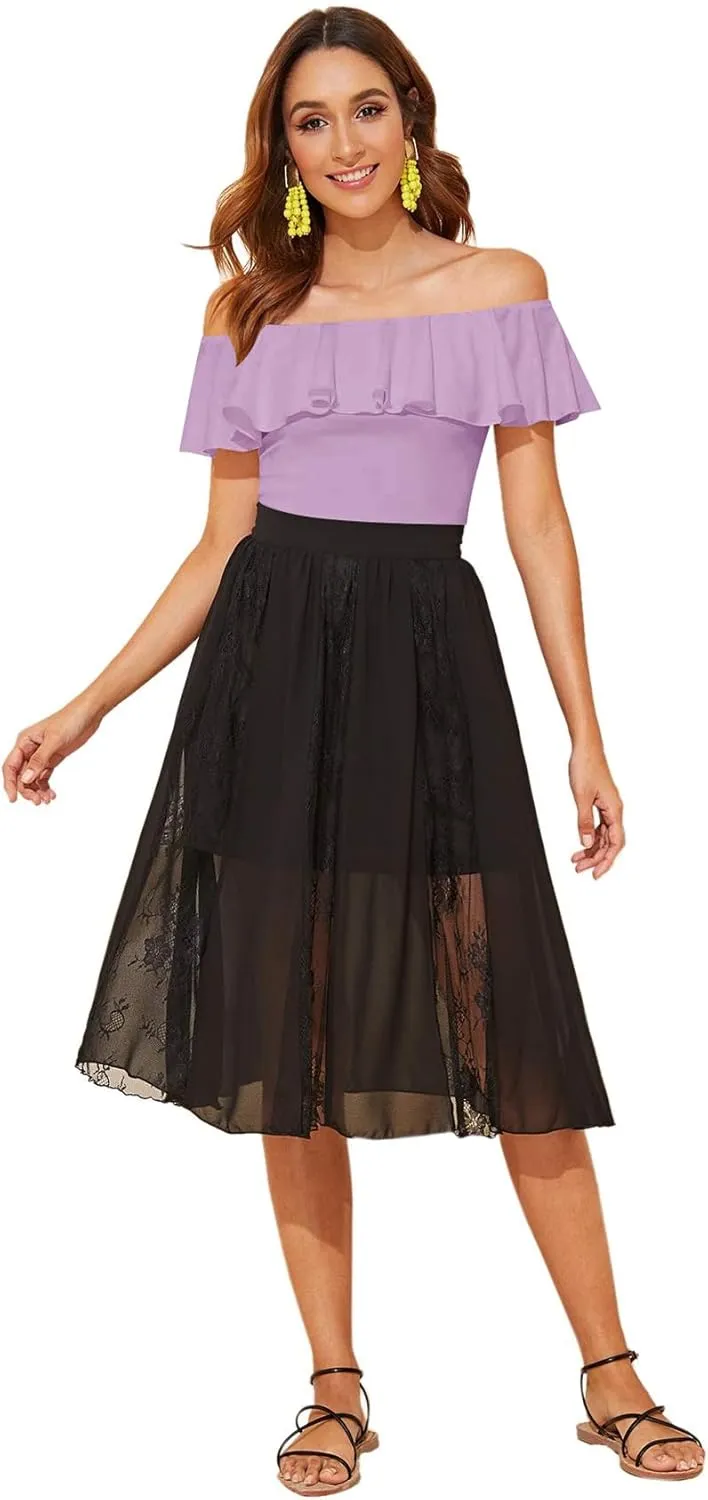 WDIRARA Women's Stretchy Off Shoulder Flounce Sleeve Sexy Slim Blouse Tops Shirt