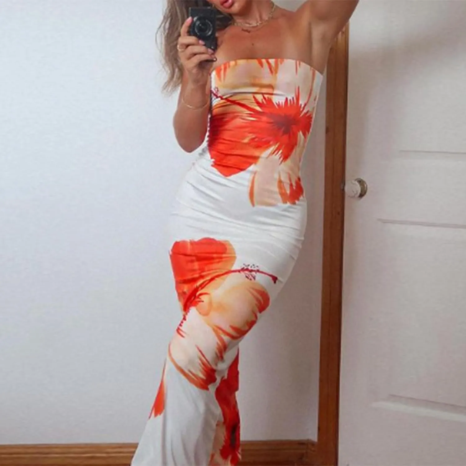 Women Floral Strapless Maxi Dresses Off Shoulder Sleeveless Backless Tube Top Dress Bodycon Bandeau Sundress