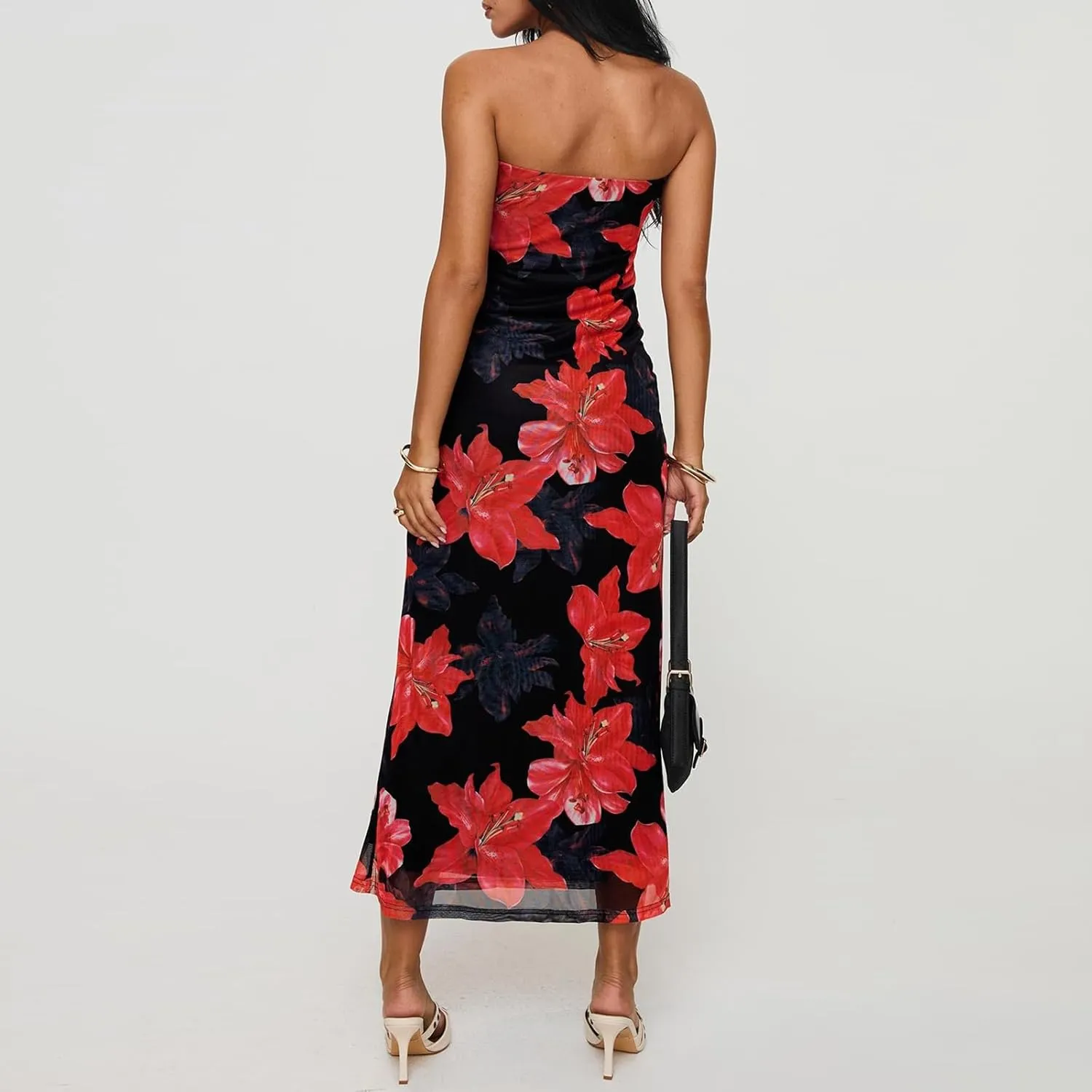 Women Floral Strapless Maxi Dresses Off Shoulder Sleeveless Backless Tube Top Dress Bodycon Bandeau Sundress