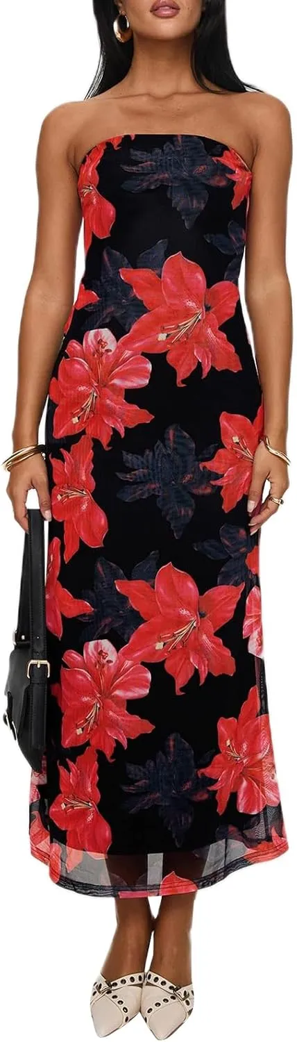 Women Floral Strapless Maxi Dresses Off Shoulder Sleeveless Backless Tube Top Dress Bodycon Bandeau Sundress