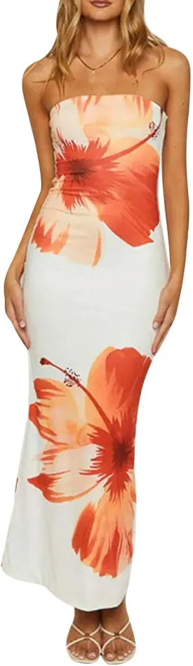 Women Floral Strapless Maxi Dresses Off Shoulder Sleeveless Backless Tube Top Dress Bodycon Bandeau Sundress