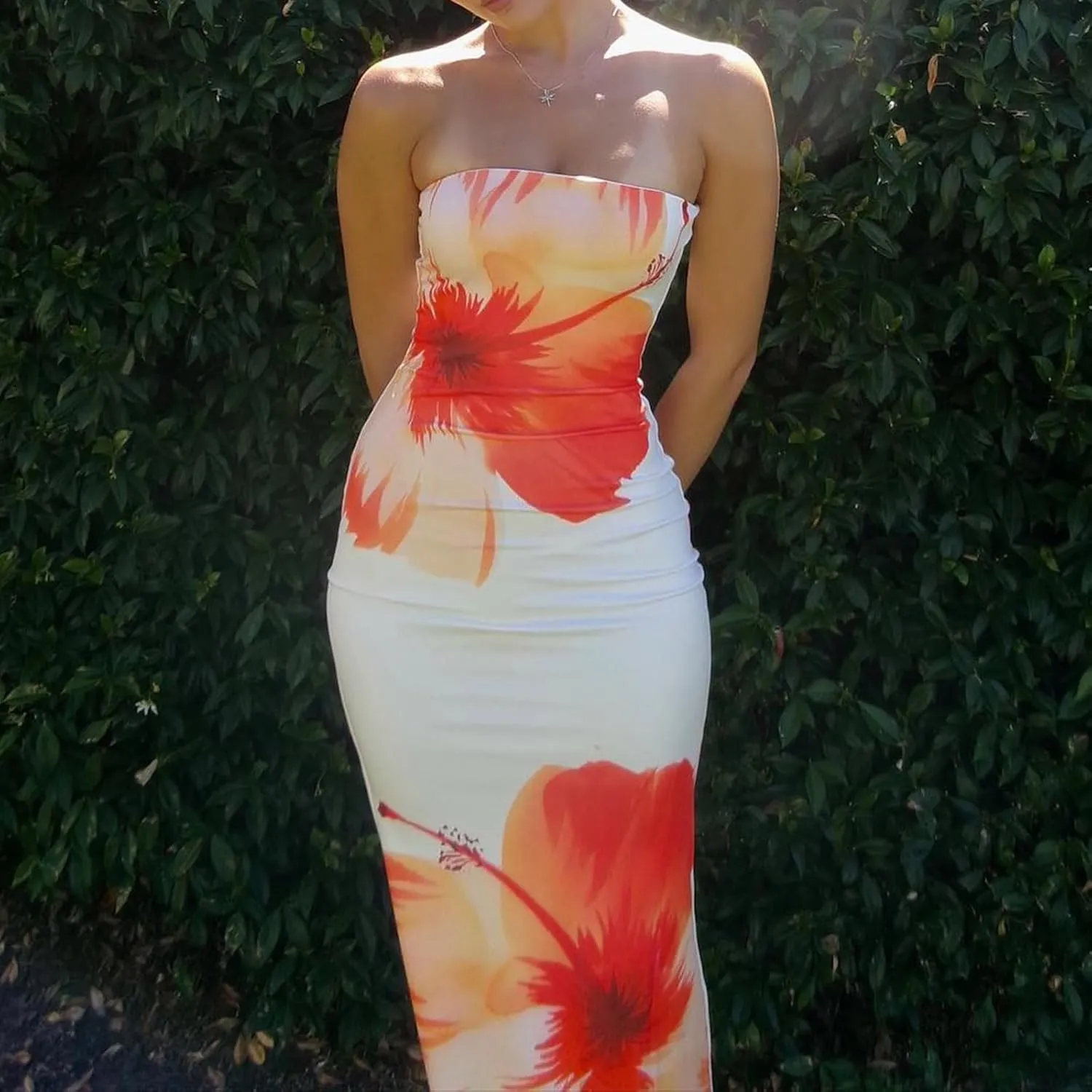 Women Floral Strapless Maxi Dresses Off Shoulder Sleeveless Backless Tube Top Dress Bodycon Bandeau Sundress