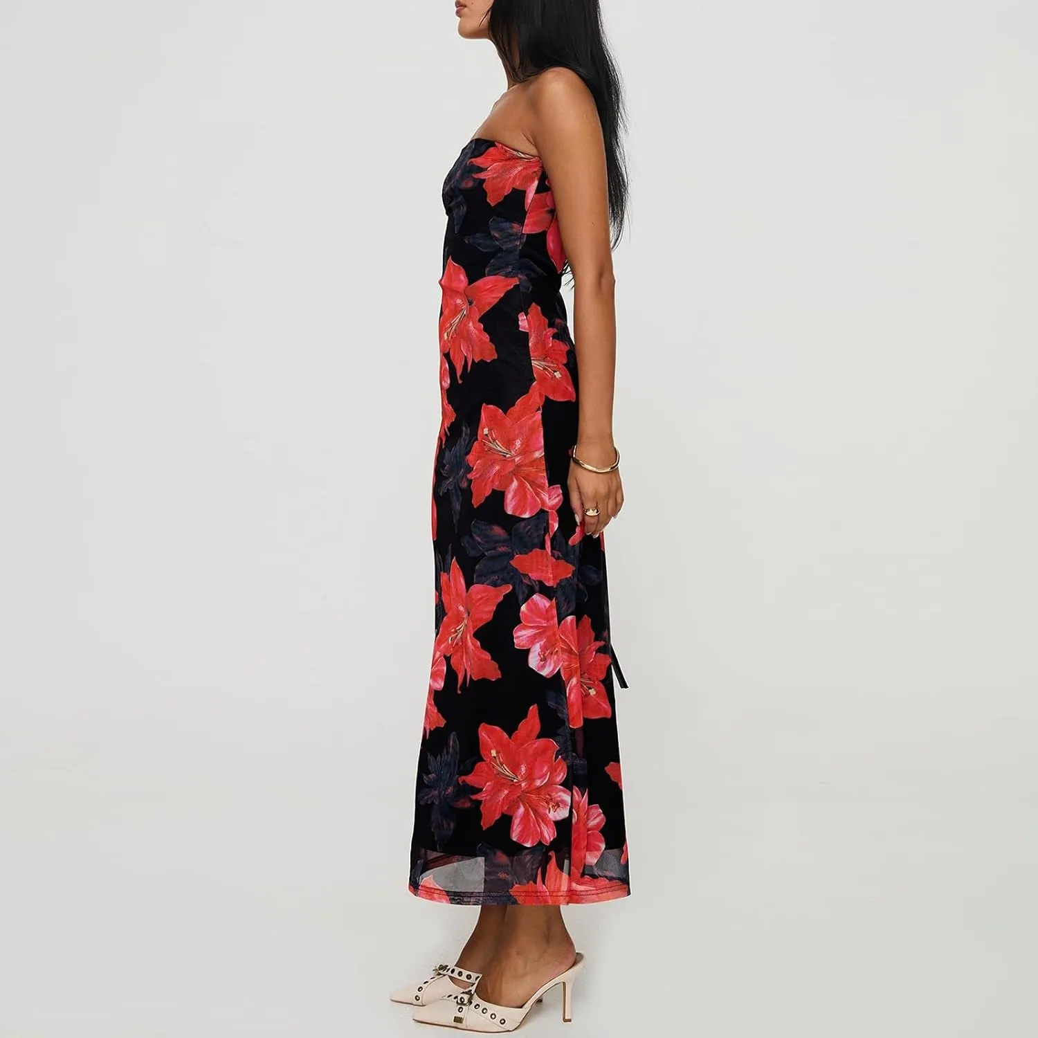 Women Floral Strapless Maxi Dresses Off Shoulder Sleeveless Backless Tube Top Dress Bodycon Bandeau Sundress