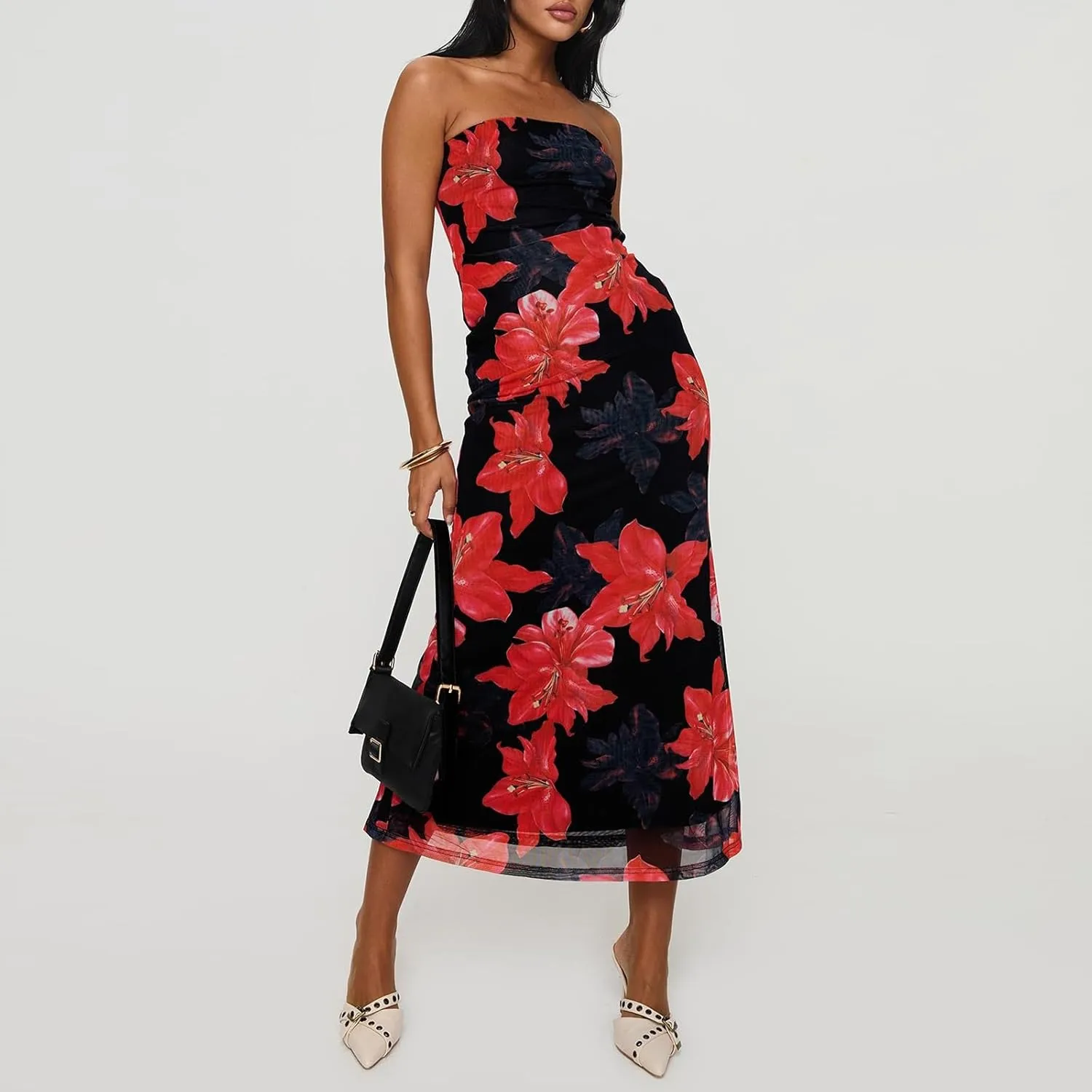 Women Floral Strapless Maxi Dresses Off Shoulder Sleeveless Backless Tube Top Dress Bodycon Bandeau Sundress