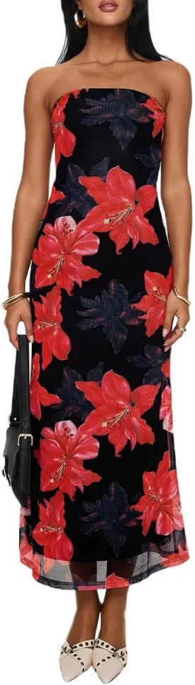 Women Floral Strapless Maxi Dresses Off Shoulder Sleeveless Backless Tube Top Dress Bodycon Bandeau Sundress