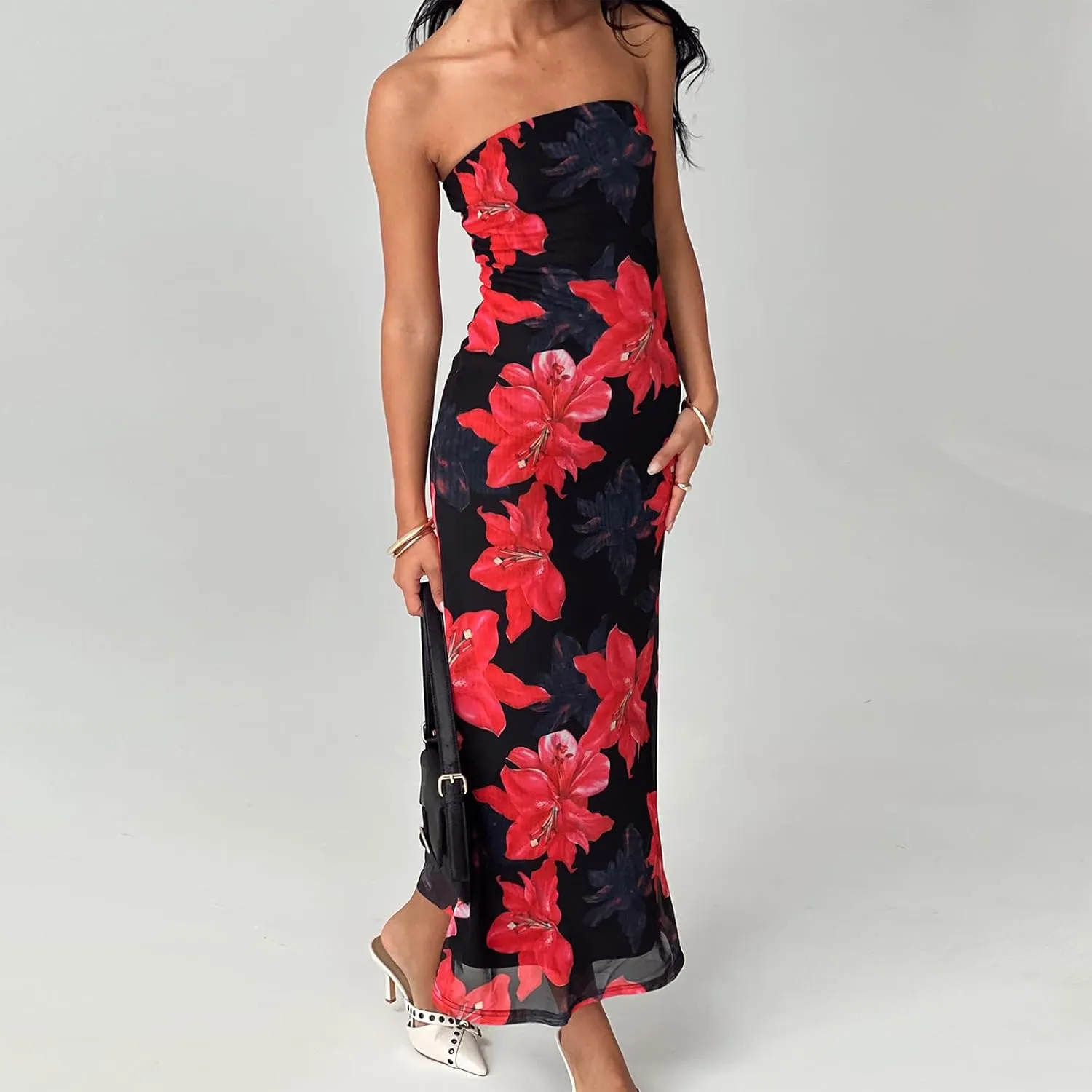 Women Floral Strapless Maxi Dresses Off Shoulder Sleeveless Backless Tube Top Dress Bodycon Bandeau Sundress