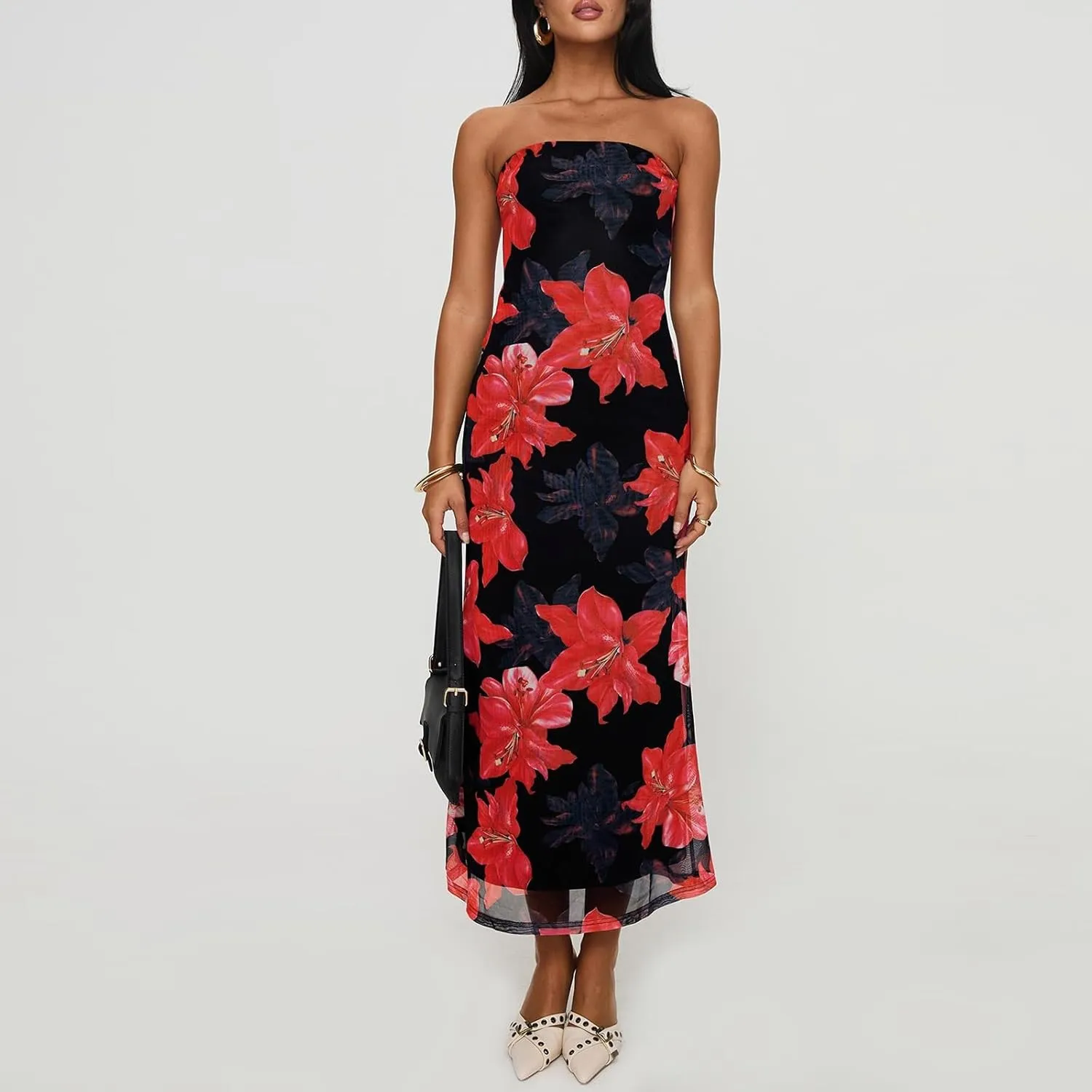 Women Floral Strapless Maxi Dresses Off Shoulder Sleeveless Backless Tube Top Dress Bodycon Bandeau Sundress