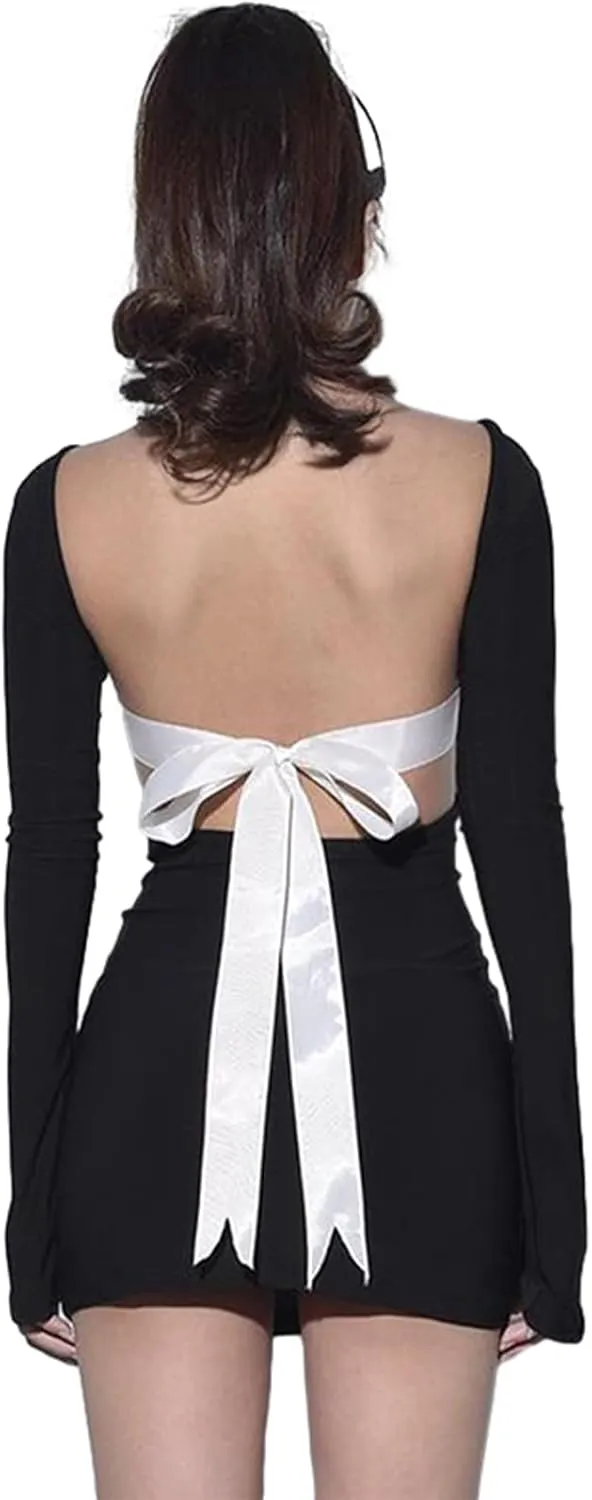 Women Sexy Open Back Mini Dress Long Sleeve Boat Neck Tie Up Bow Backless Bodycon Short Dress Club Party