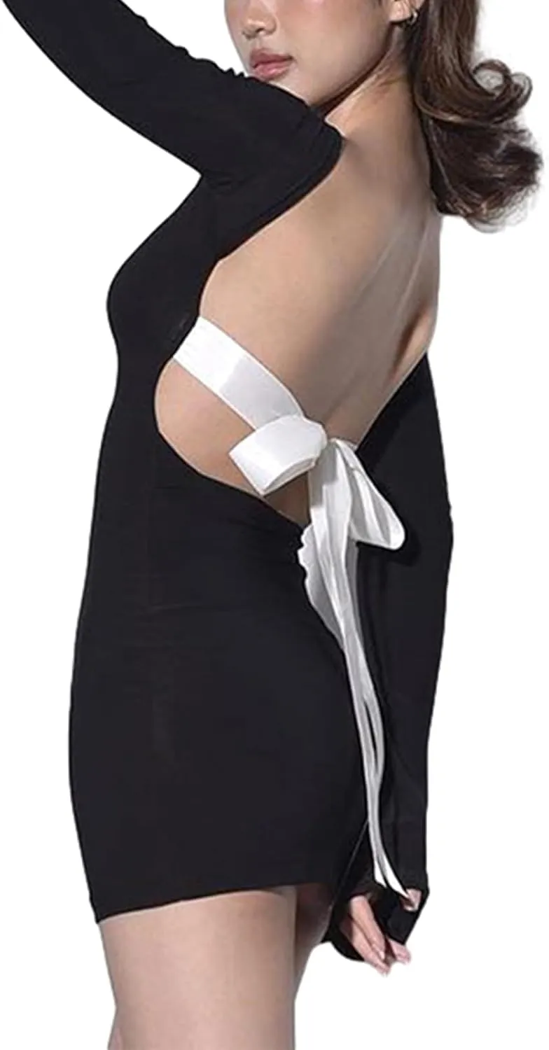 Women Sexy Open Back Mini Dress Long Sleeve Boat Neck Tie Up Bow Backless Bodycon Short Dress Club Party