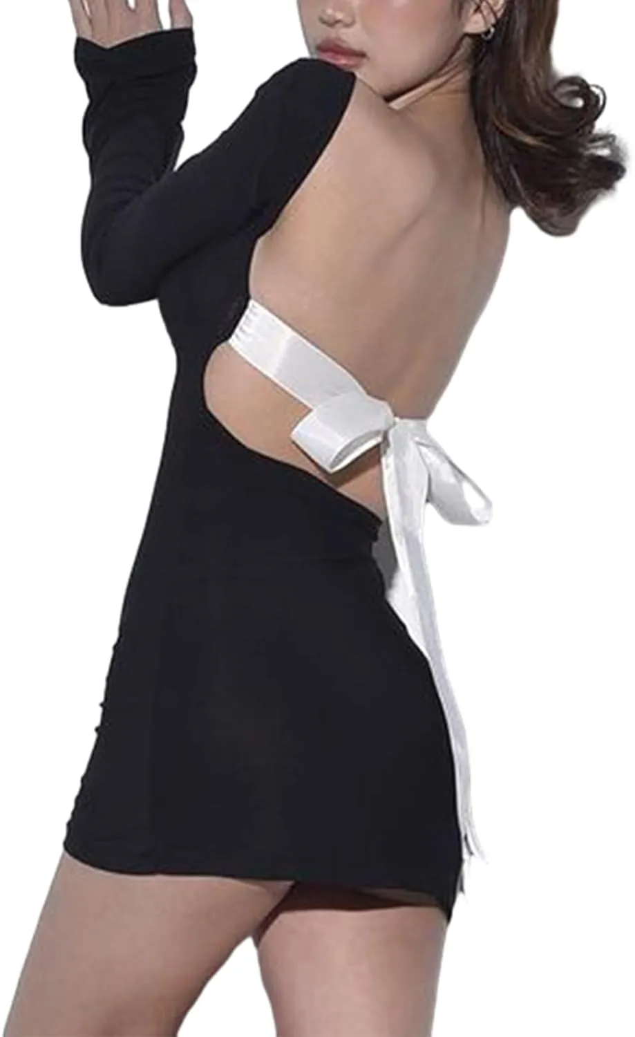 Women Sexy Open Back Mini Dress Long Sleeve Boat Neck Tie Up Bow Backless Bodycon Short Dress Club Party