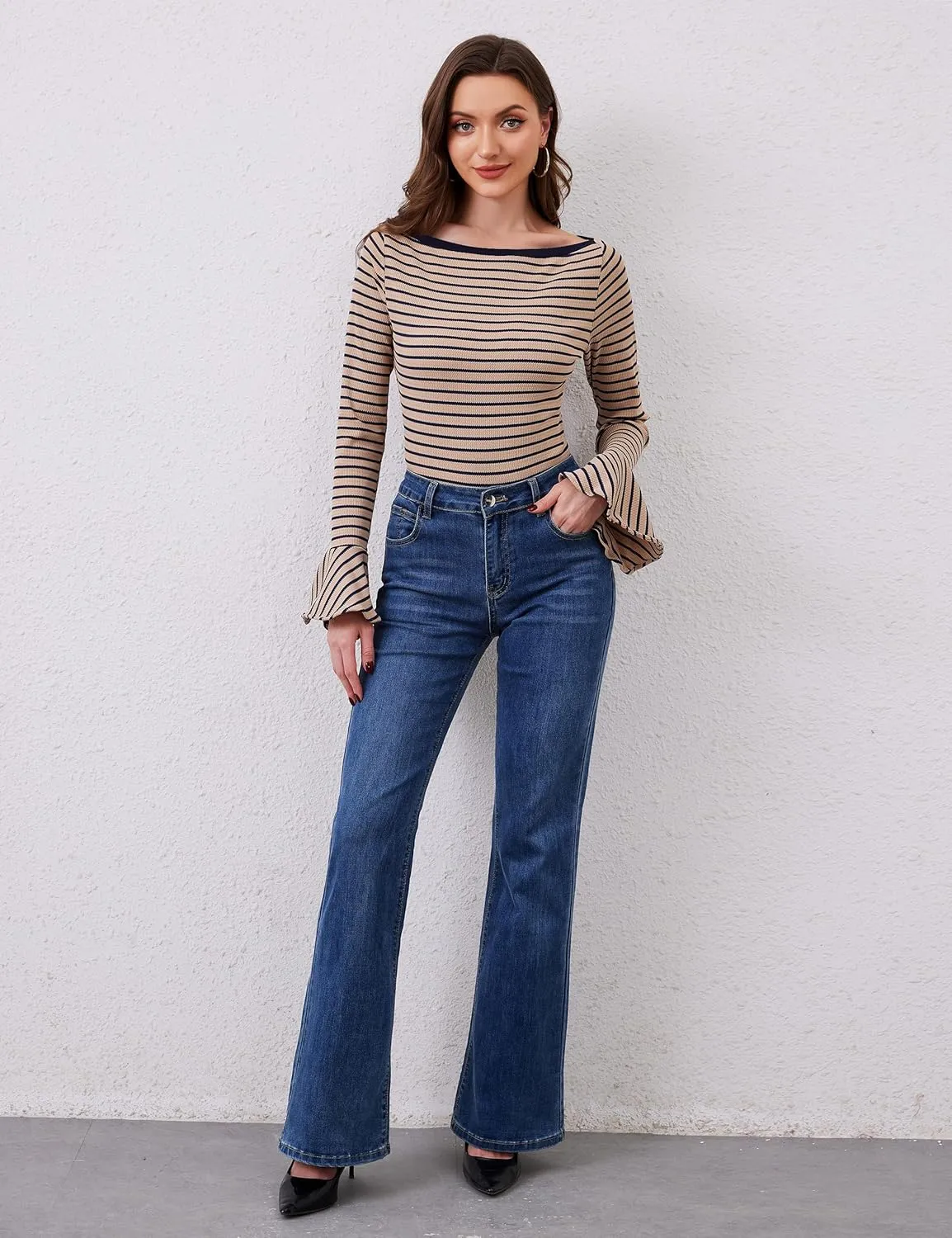 Women Striped Off Shoulder Shirts Y2k Sexy Bell Long Sleeve T-Shirt Slim Fit Ruffle Tirm Knitted Tee Tops
