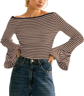 Women Striped Off Shoulder Shirts Y2k Sexy Bell Long Sleeve T-Shirt Slim Fit Ruffle Tirm Knitted Tee Tops