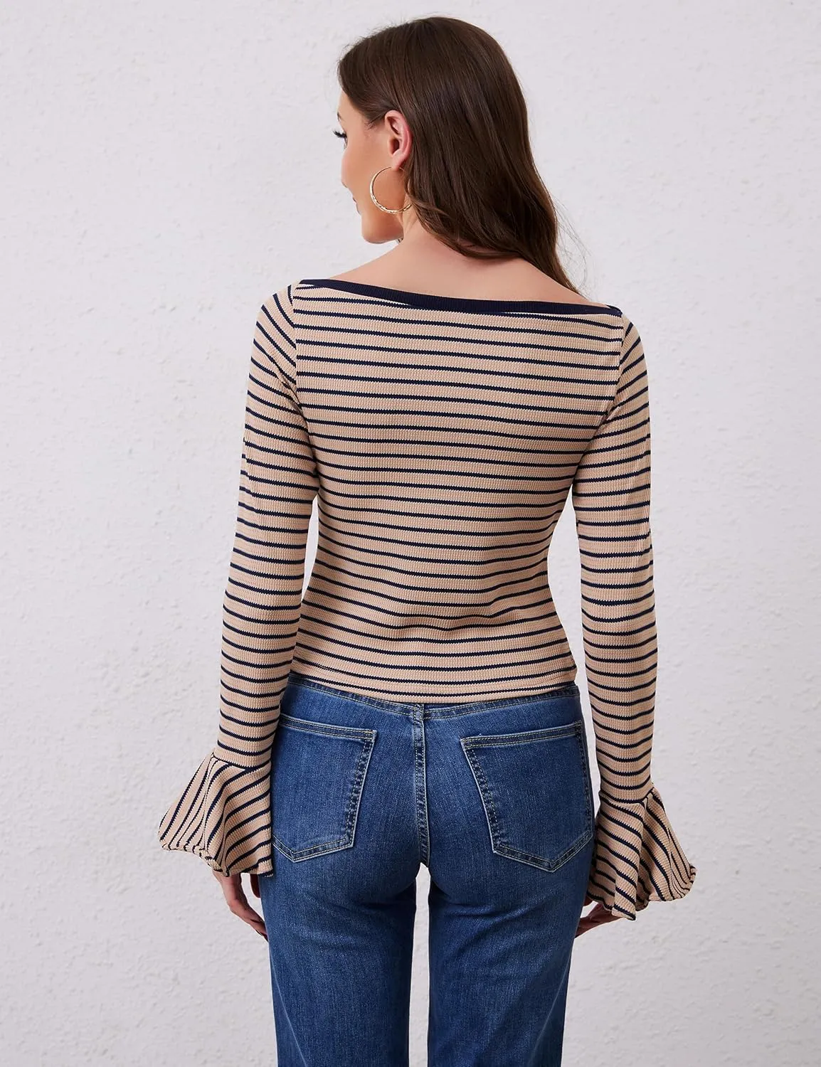 Women Striped Off Shoulder Shirts Y2k Sexy Bell Long Sleeve T-Shirt Slim Fit Ruffle Tirm Knitted Tee Tops