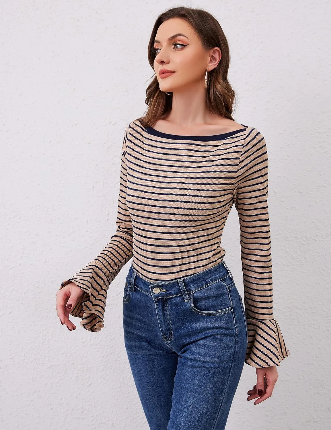 Women Striped Off Shoulder Shirts Y2k Sexy Bell Long Sleeve T-Shirt Slim Fit Ruffle Tirm Knitted Tee Tops