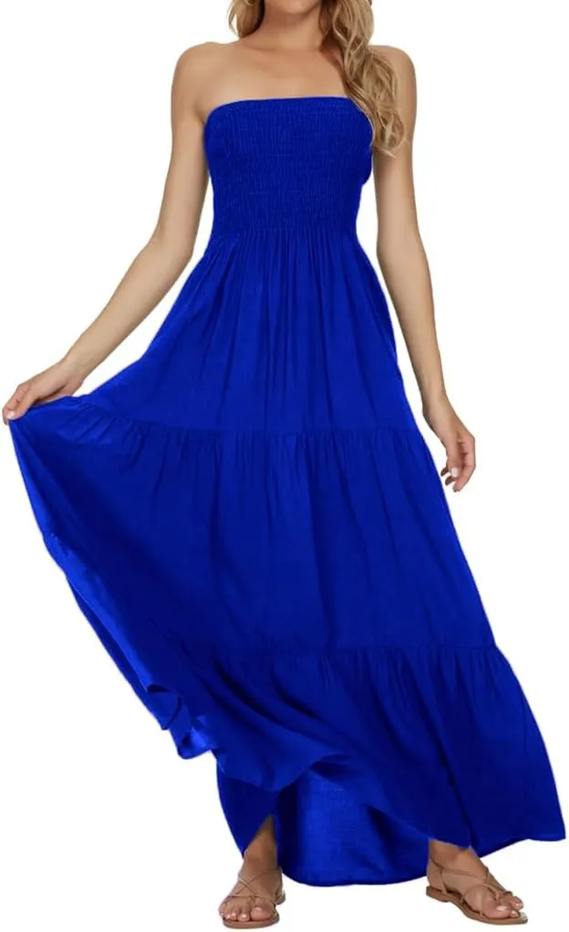 Women's Casual Off Shoulder Maxi Dress Strapless Tube Top Bohemian Beach Long Dresses 092