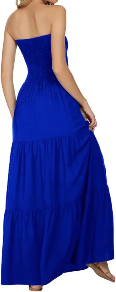 Women's Casual Off Shoulder Maxi Dress Strapless Tube Top Bohemian Beach Long Dresses 092