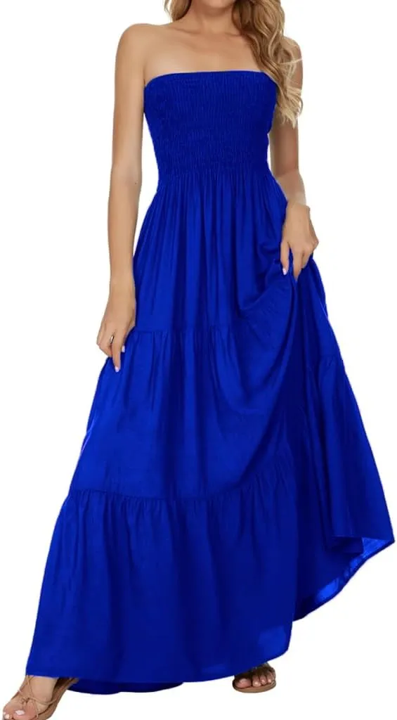Women's Casual Off Shoulder Maxi Dress Strapless Tube Top Bohemian Beach Long Dresses 092