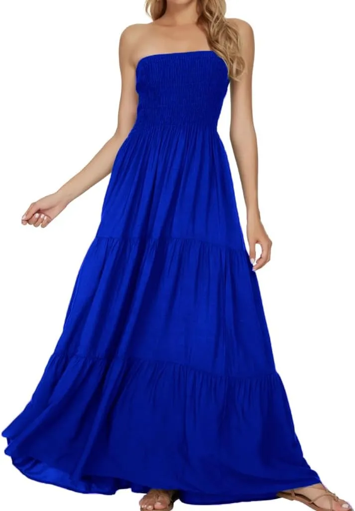 Women's Casual Off Shoulder Maxi Dress Strapless Tube Top Bohemian Beach Long Dresses 092